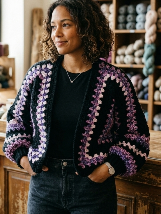 Hand Crafted Sweaters - Handmade Crochet Hexagon Granny Square Cardigan
